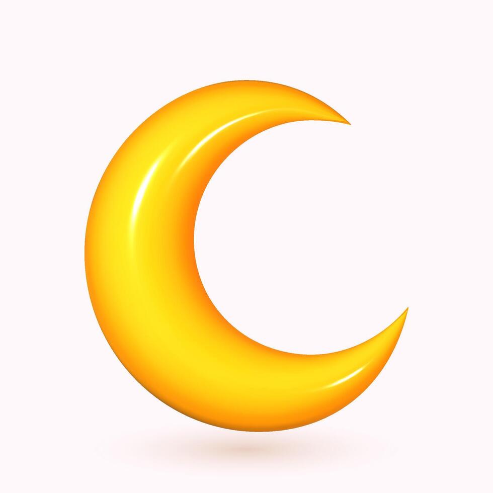 3D Yellow Crescent Moon Icon on a White Background. Glossy Lunar Symbol in a Minimalist Style. vector