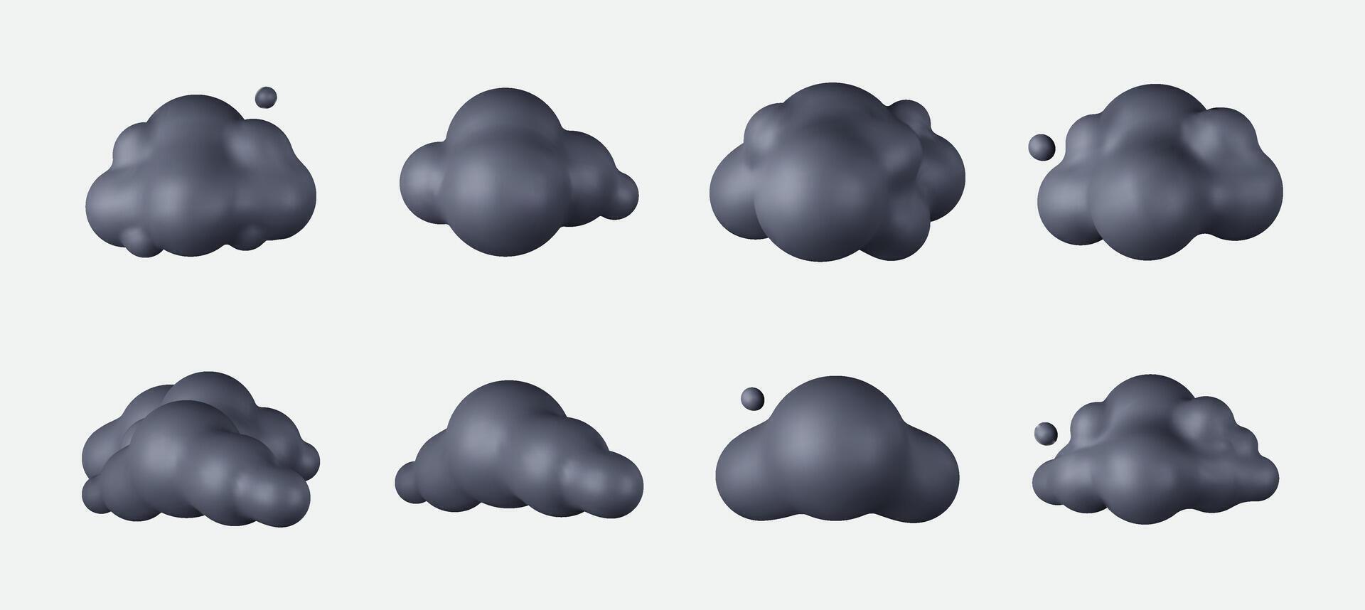 3D Cartoon clouds in dark. Soft, Puffy Cumulus Shapes in a Fun Style. Dark, Round, and Smooth Render Elements, Perfect for Weather Icons, Cloud Scenes, and Cute Meteorology Graphics. vector