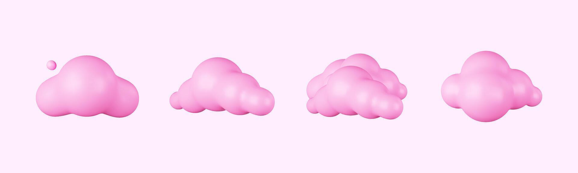 3D Cartoon clouds in pink. Soft, Puffy Cumulus Shapes in a Fun Style. Pink, Round, and Smooth Render Elements, Perfect for Weather Icons, Cloud Scenes, and Cute Meteorology Graphics. vector