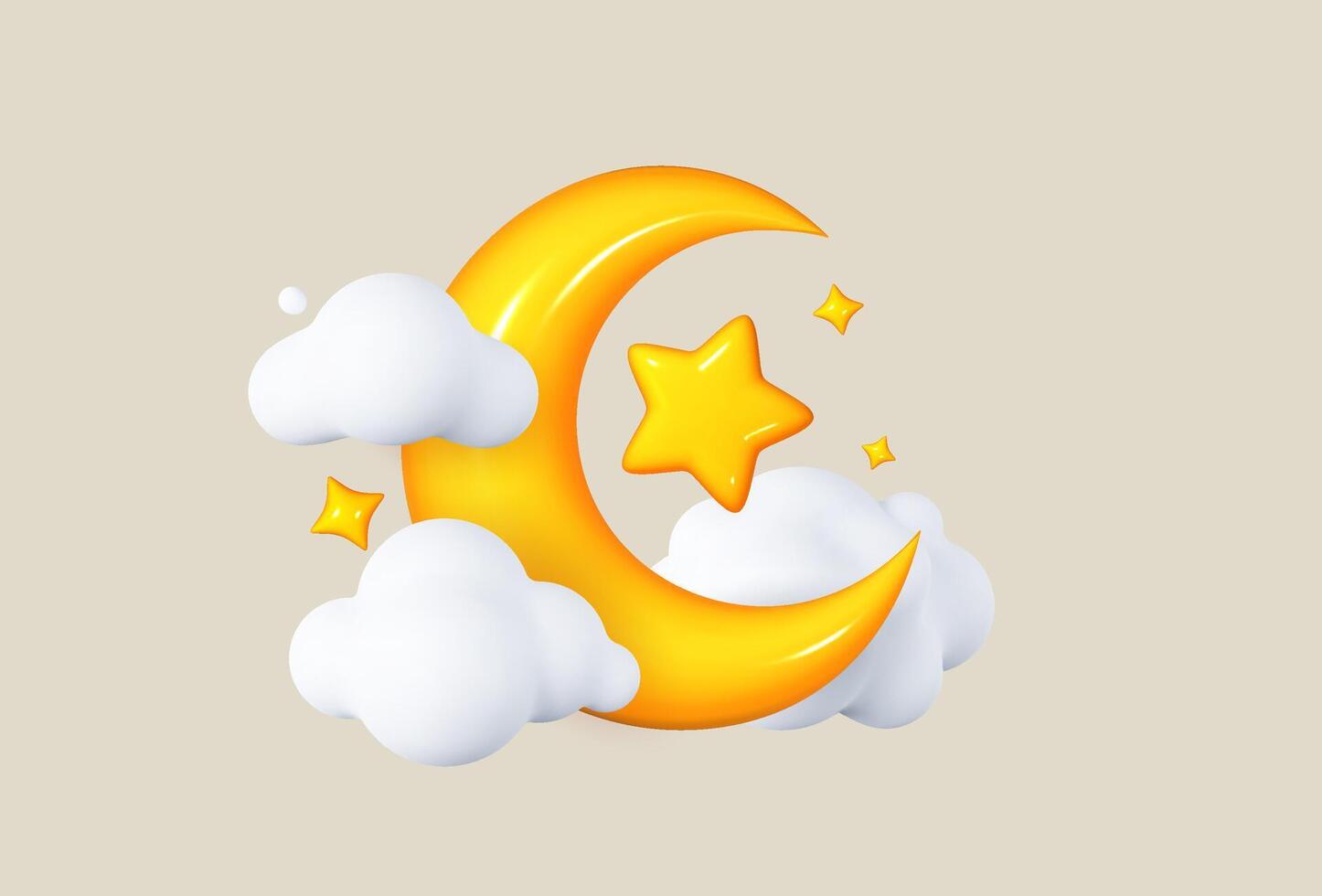 3D Cartoon Yellow Crescent Moon with Clouds and Stars. vector