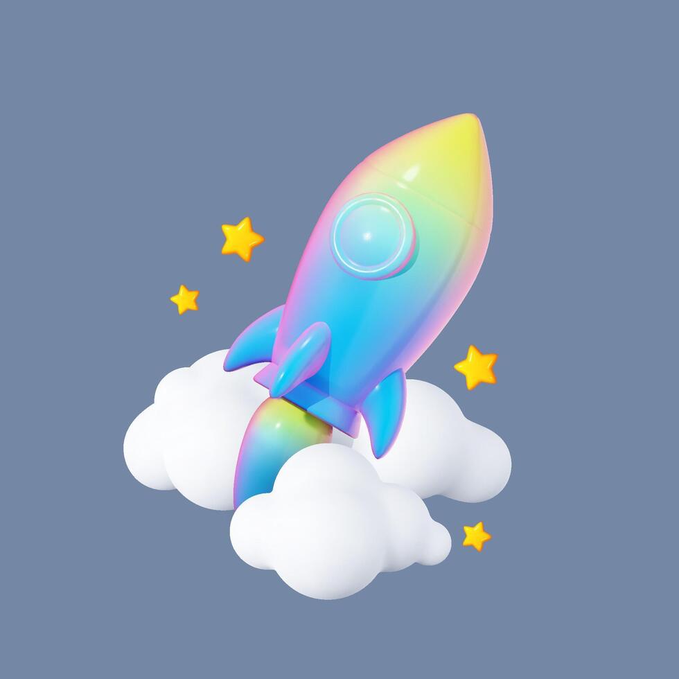 3D Cartoon Space Rocket Illustration. Playful Spaceship with Flames, Stars, and Clouds. Symbolizing Business Launch, Education, and Financial Growth. Fun and Minimalist 3D Render. vector