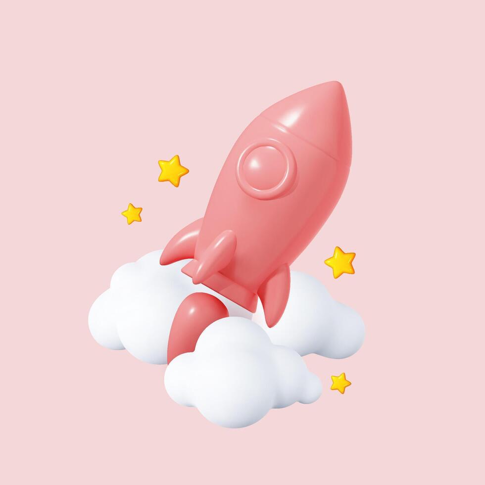 3D Cartoon Space Rocket Illustration. Playful Spaceship with Flames, Stars, and Clouds. Symbolizing Business Launch, Education, and Financial Growth. vector