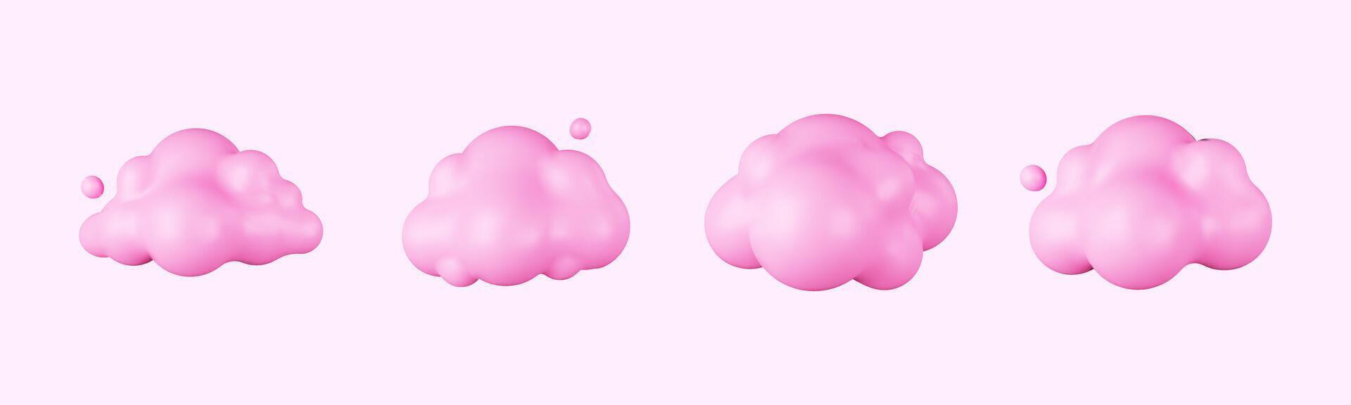 3D Cartoon clouds in pink. Soft, Puffy Cumulus Shapes in a Fun Style. vector