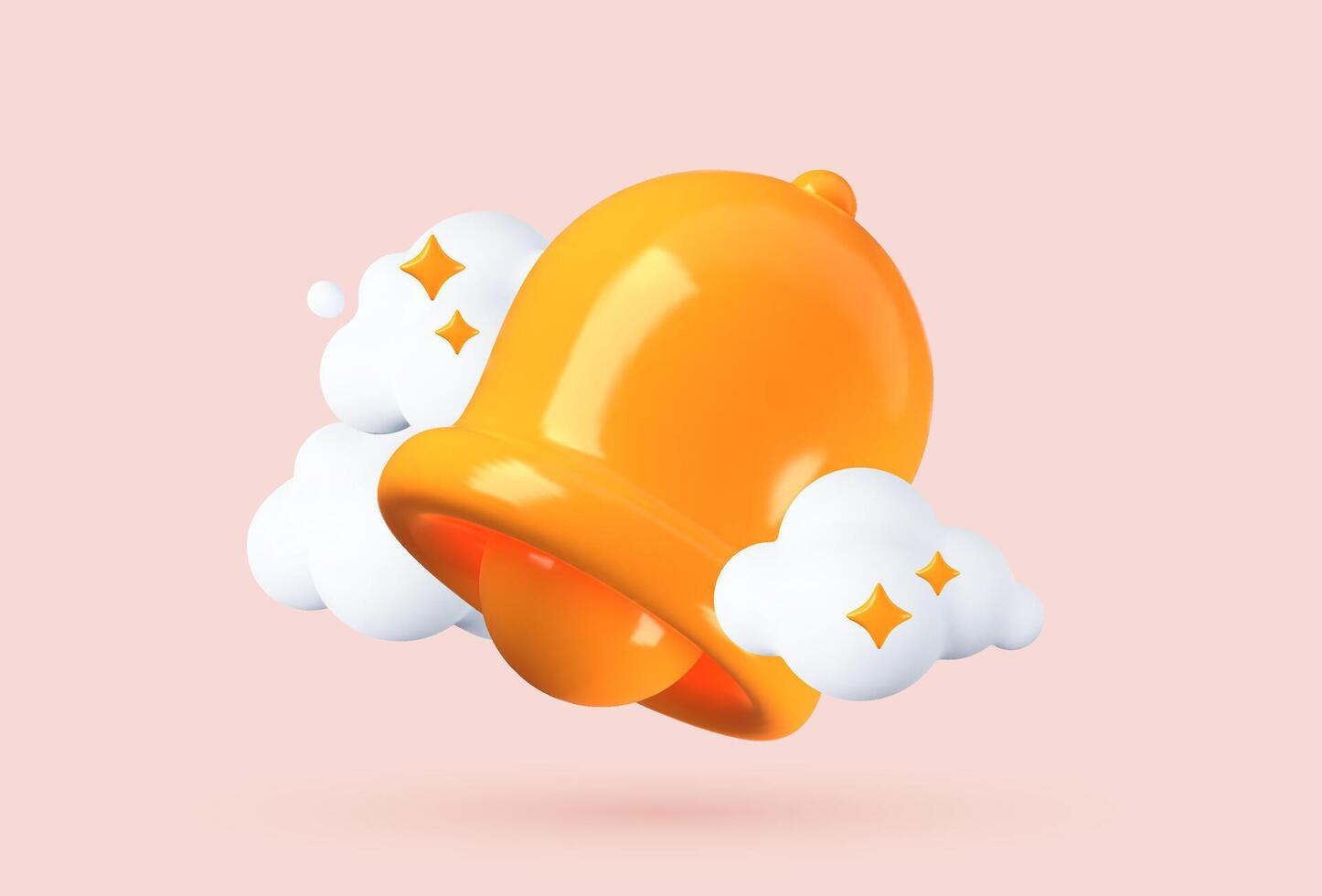 3D Notification Bell with Floating Clouds. Social Media Alert Symbol for New Messages, Channel Subscriptions, and App Reminders. vector
