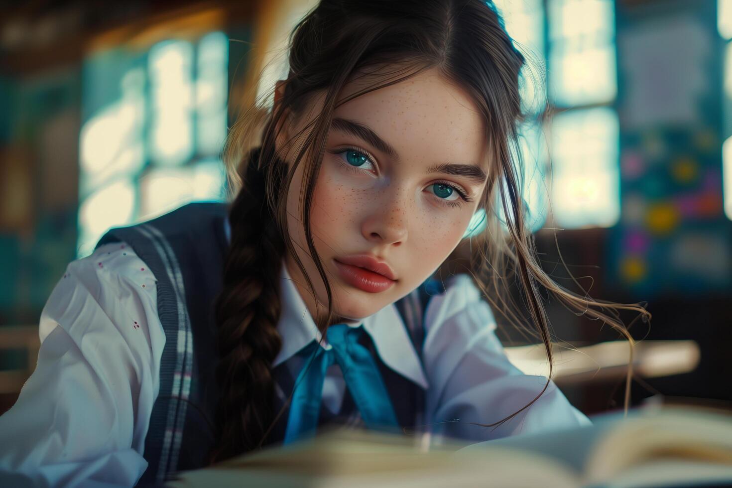 A young girl in a school uniform is reading a book photo