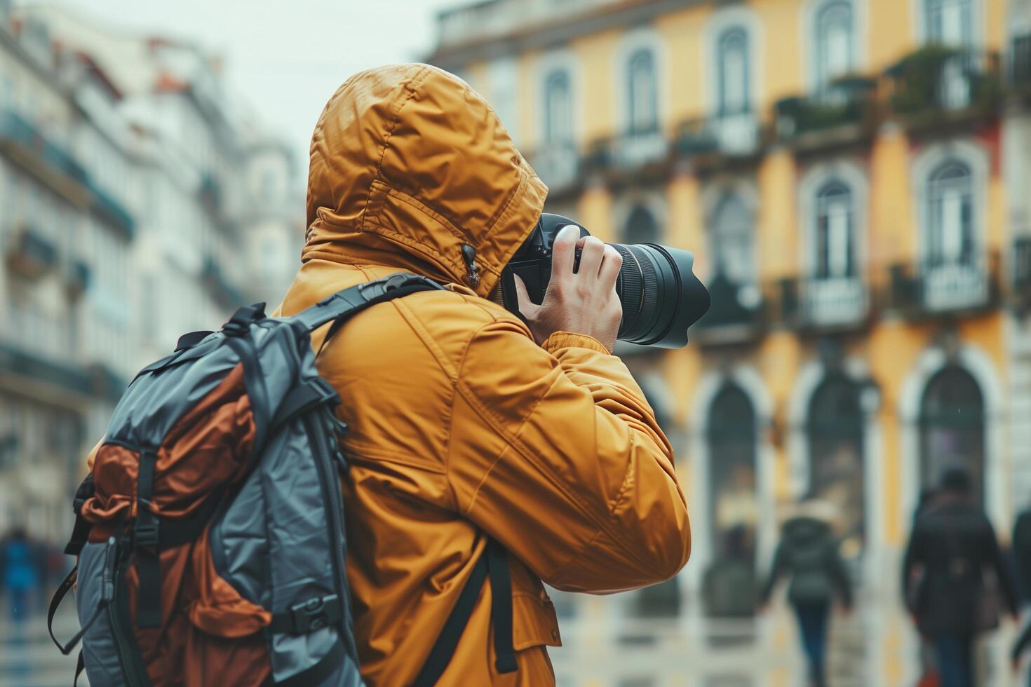 A man in a yellow rain jacket taking a picture with a camera photo