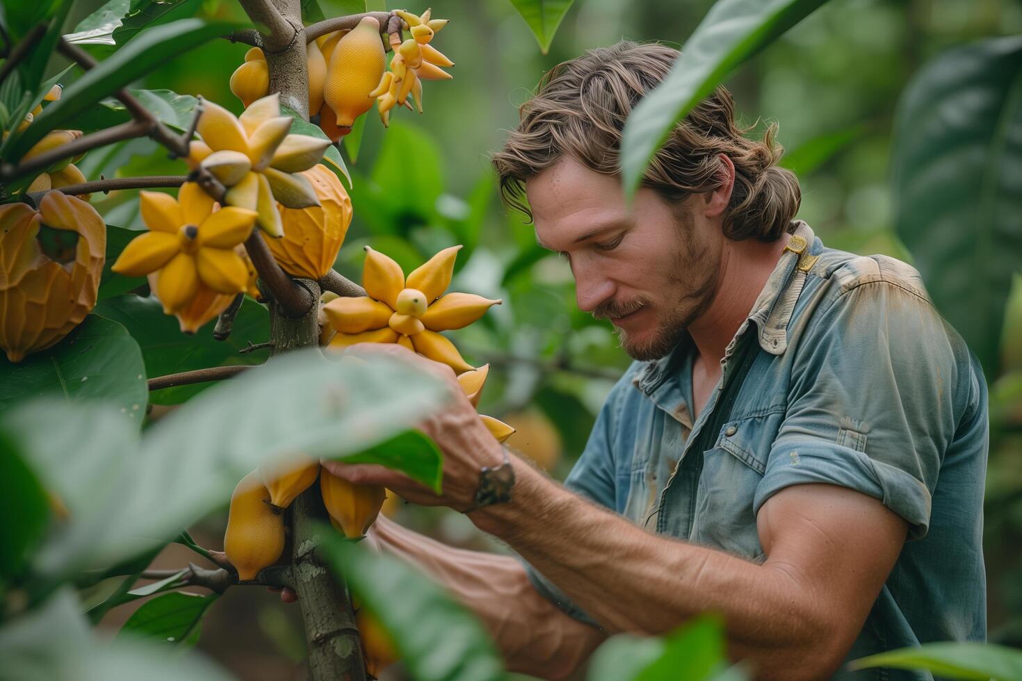 A man picking yellow flowers from a tree photo