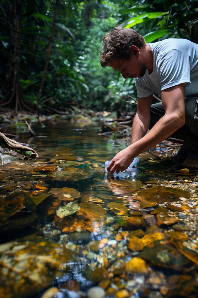 A man is bending down to pick up a piece of plastic photo