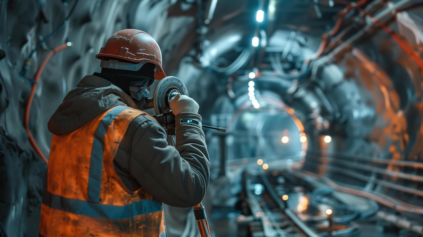 A man in an orange vest and hard hat is standing in a tunnel photo
