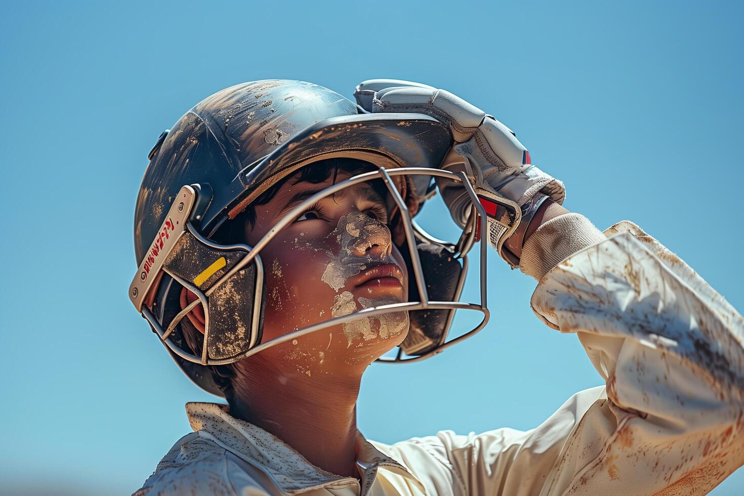 A young boy wearing a helmet and holding a bat photo
