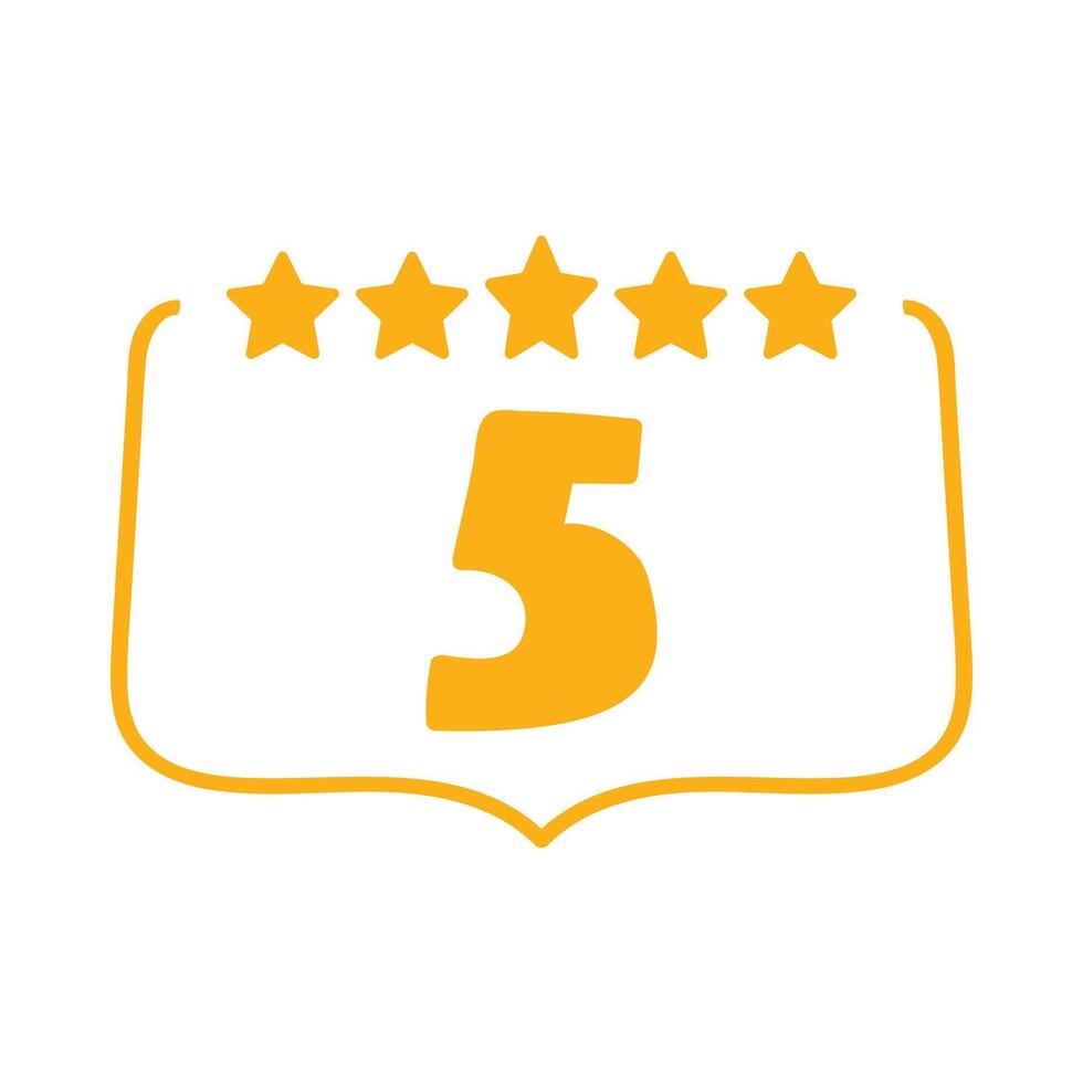 Hand drawn yellow badge. 5 stars. Feedback concept. Illustration on white background. vector