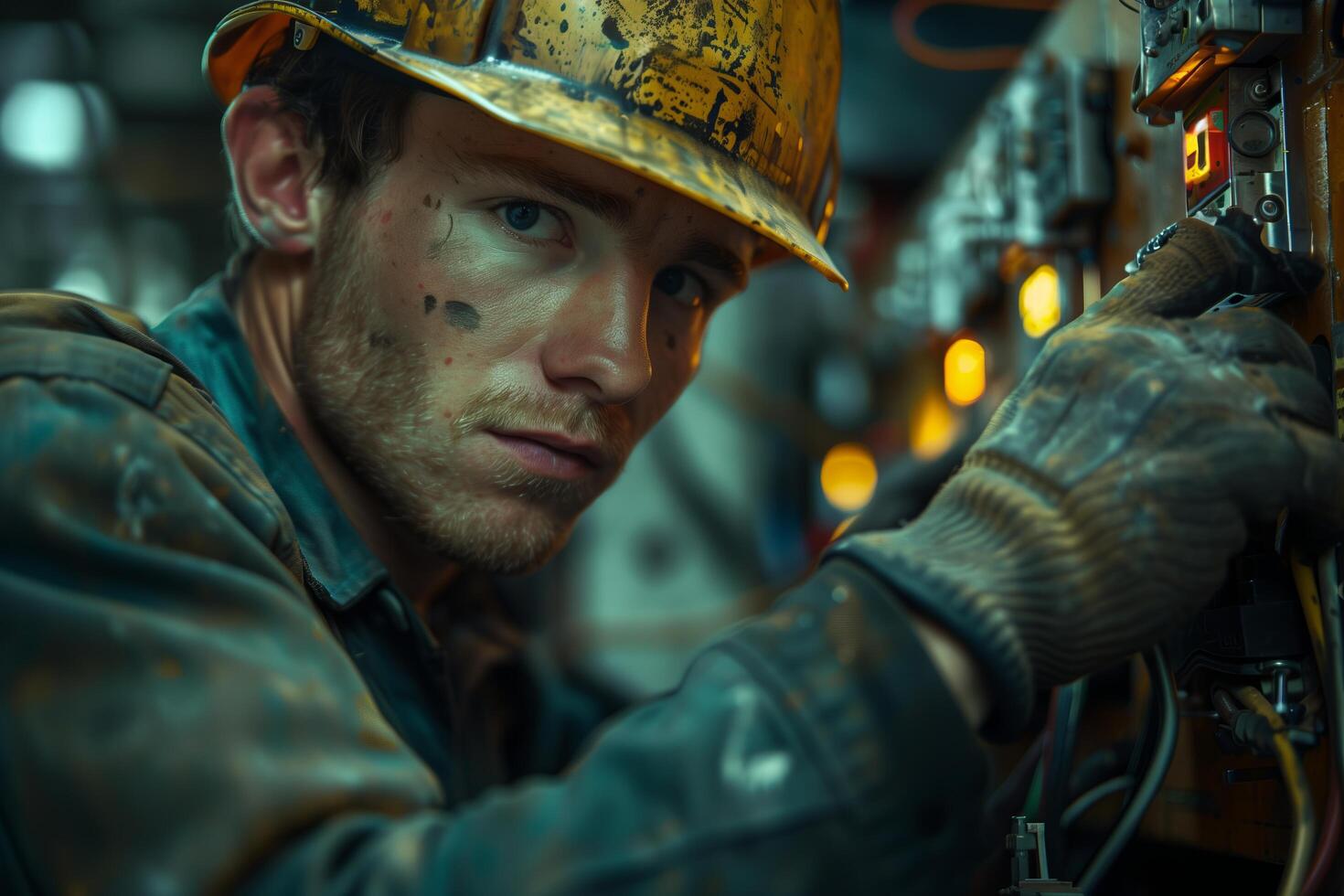 A man in a hard hat and overalls working on a machine photo