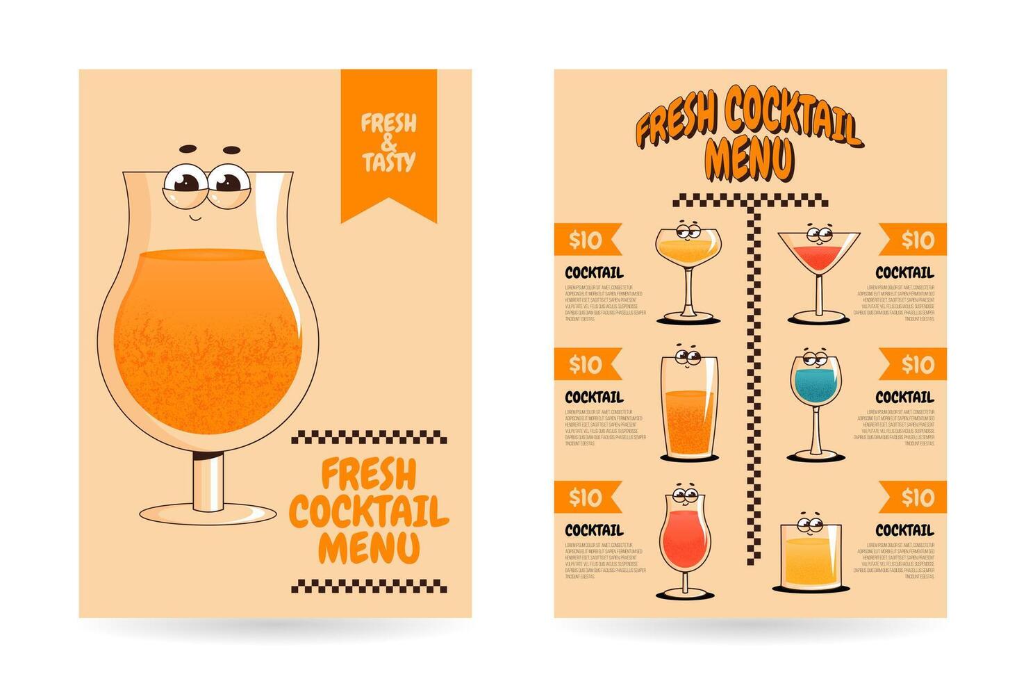 Retro groovy character summer cocktails. Fresh menu with cute fruit beverage in glasses. illustration for bar, pub, cafe, club, restaurant vector