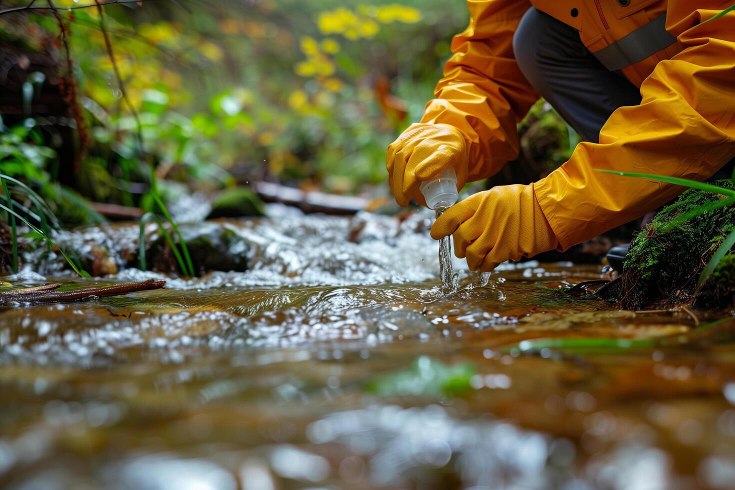 A person in yellow rubber gloves is holding a water bottle photo
