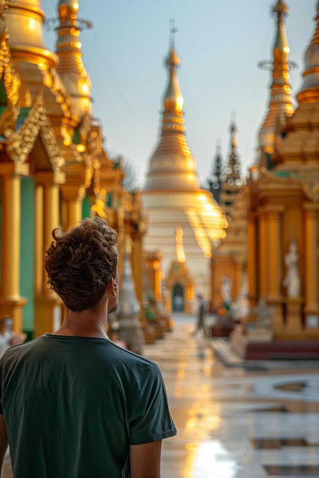 A man standing in front of a golden pagoda photo
