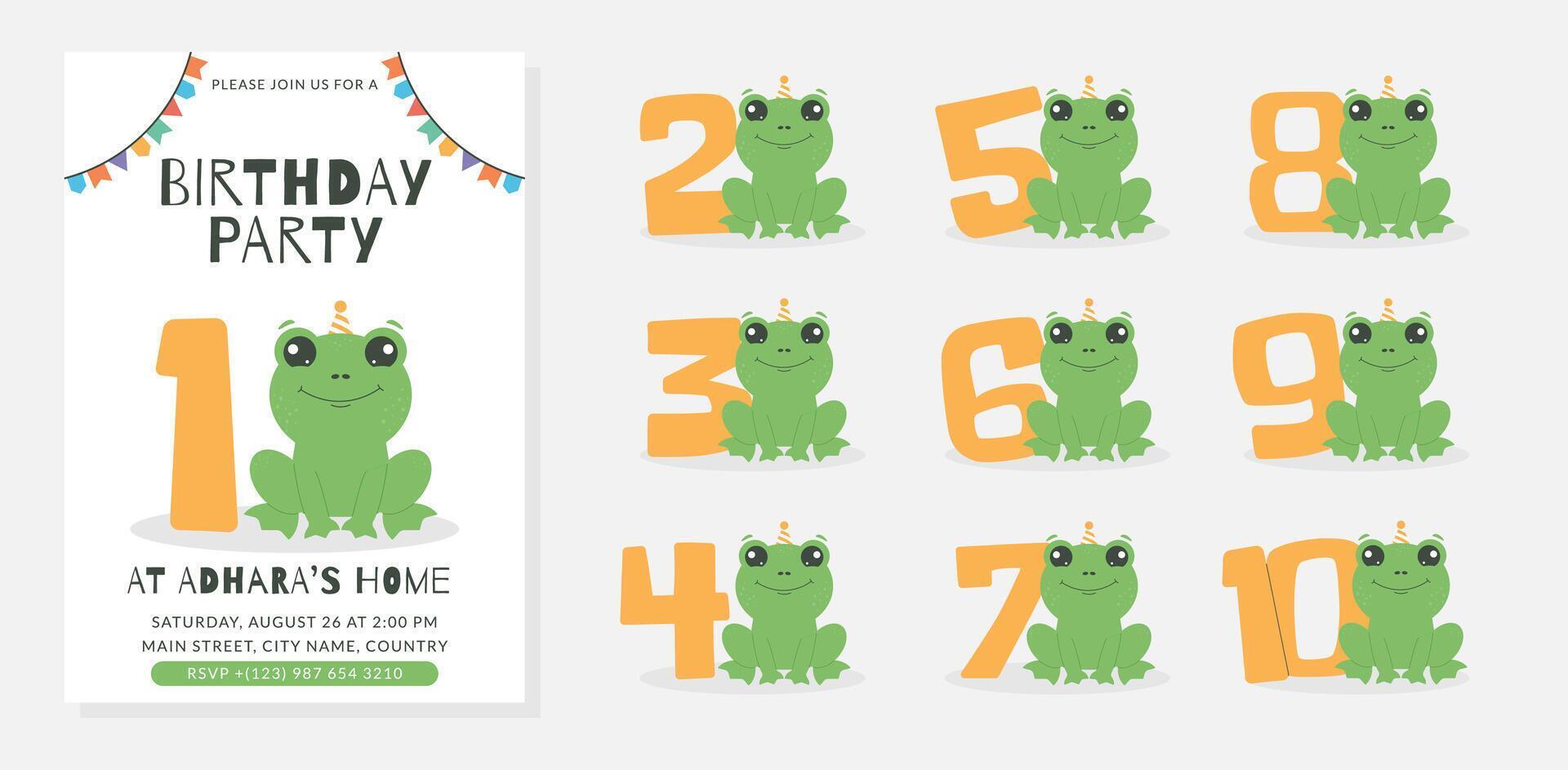 Greeting and invitation for kids Birthday party. Cute frog and set of numbers with amphibian in flat childrens style. illustration collection, design for card, poster, event, banner vector