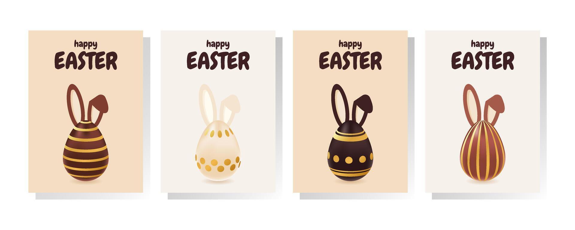 Happy Easter poster set with realistic chocolate golden eggs,bunny ears. Greeting illustration. Design for banner, flyer, social media, brochure, presentation, invitation vector