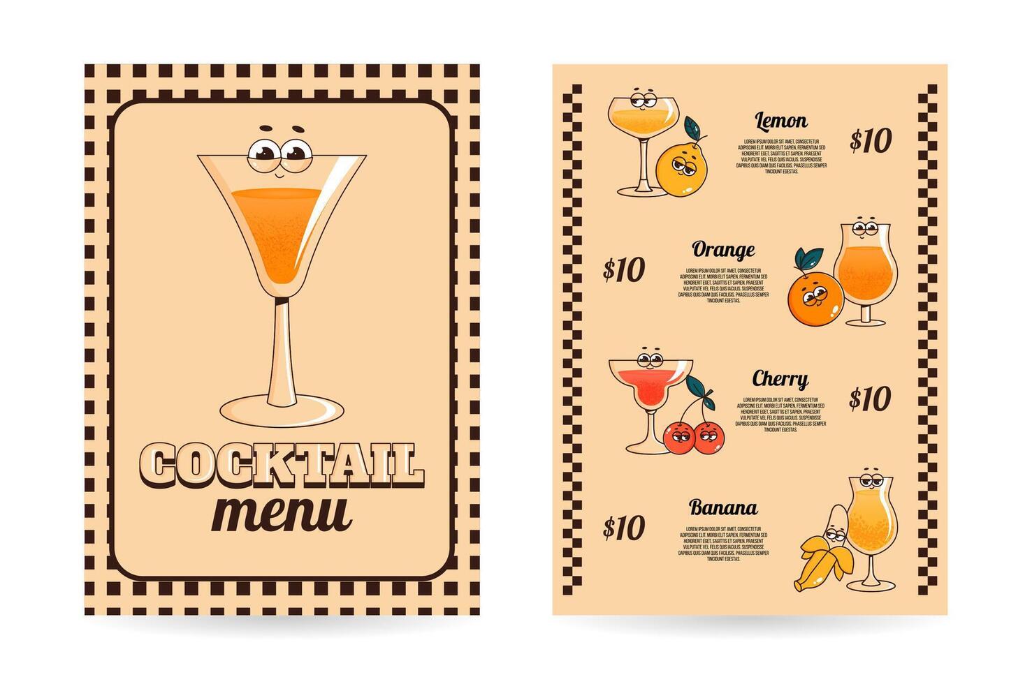 Retro groovy character summer drinks. Cocktail menu with cute beverage in glasses and fruits. illustration for bar, pub, cafe, club, restaurant vector