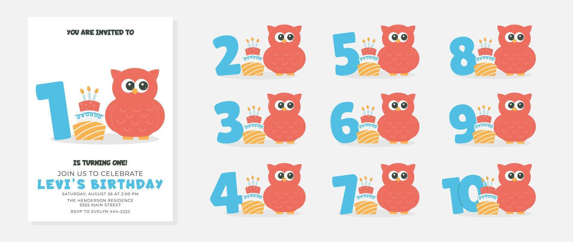 Greeting and invitation for kids Birthday party. Cute owl and set numbers, cake and bird in flat childrens style. illustration collection, design for card, poster, event, prints vector