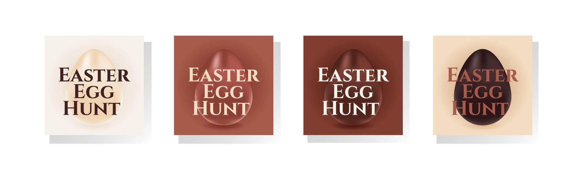 Easter egg hunt poster set with realistic chocolate egg. Greeting illustration. Design for banner, flyer, social media, brochure, presentation, invitation vector