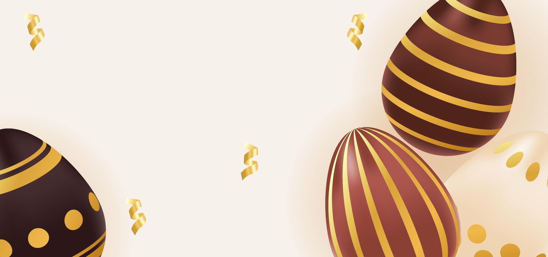 Happy Easter background realistic chocolate eggs, golden pattern. Holiday concept, template, layout, copy space. illustration brown, beige colors vector