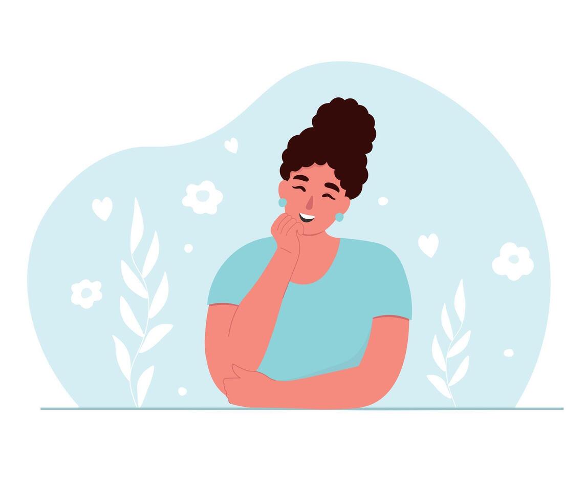 A dreamy woman sits with her chin in her hand. The girl thought about pleasant things. flat graphics. vector