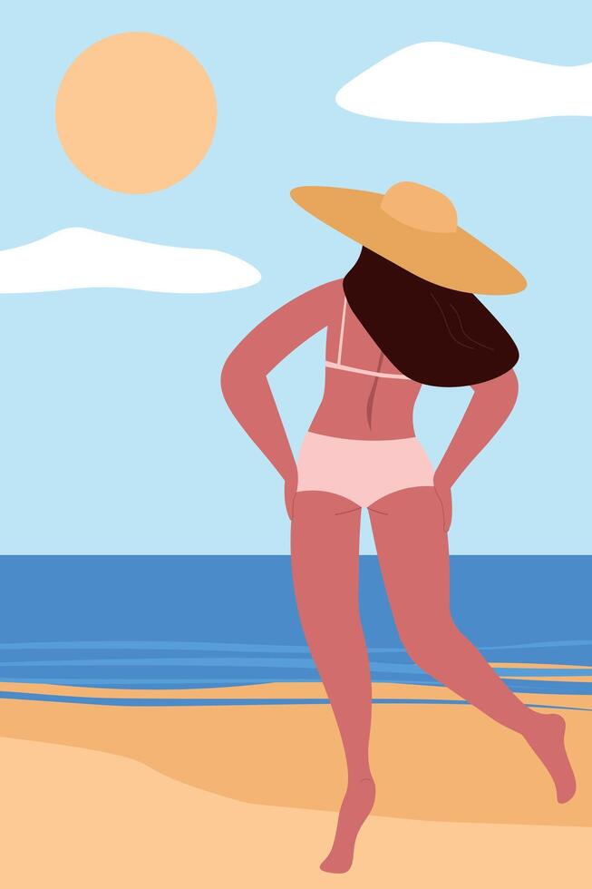 A woman in a swimsuit and hat against the backdrop of the sea, the beach. A slender girl stands with her back on vacation. flat graphics. vector