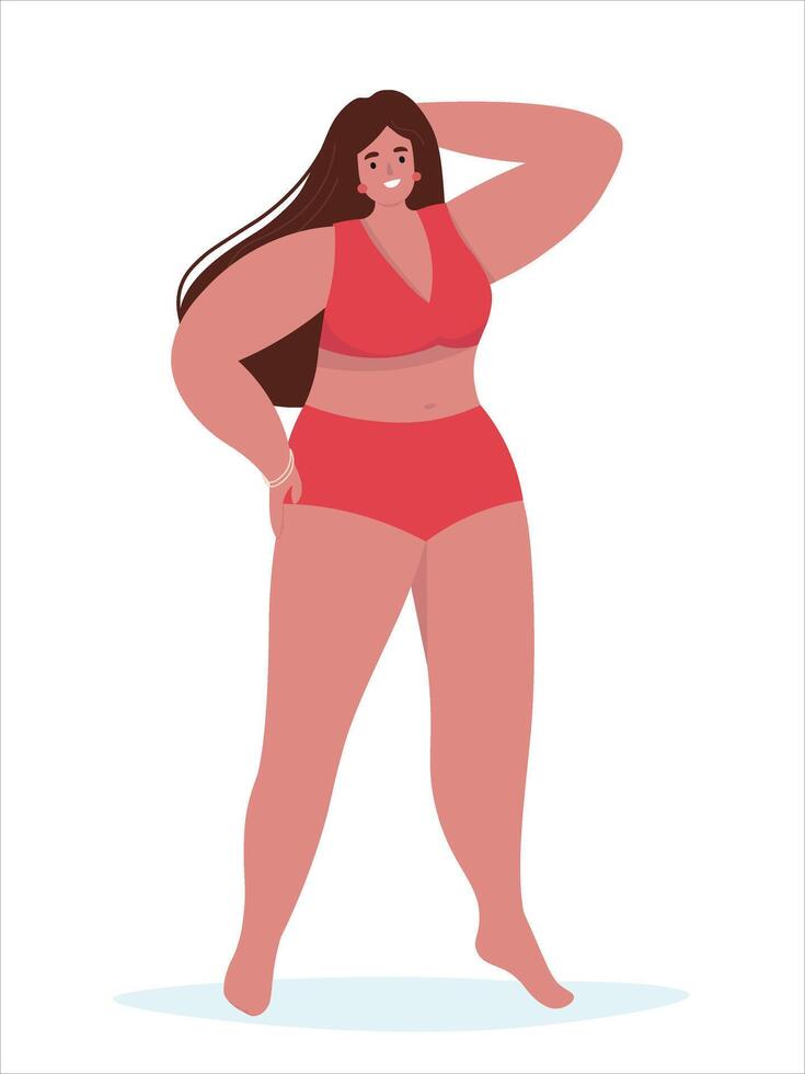 Full length woman in a plus size swimsuit. Beautiful happy girl on the beach in summer. flat graphics. vector