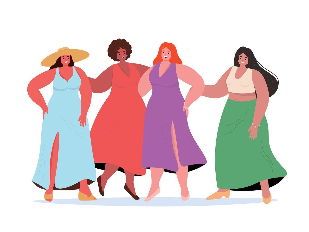 Set of beautiful young plus size women in summer dresses. Happy girls, satisfied with their bodies. vector