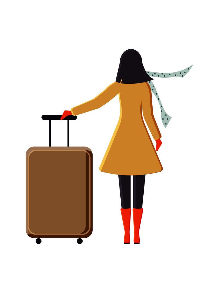 Young stylish woman in a yellow coat with a large brown suitcase is waiting for her plane or train isolated on a white background. vector