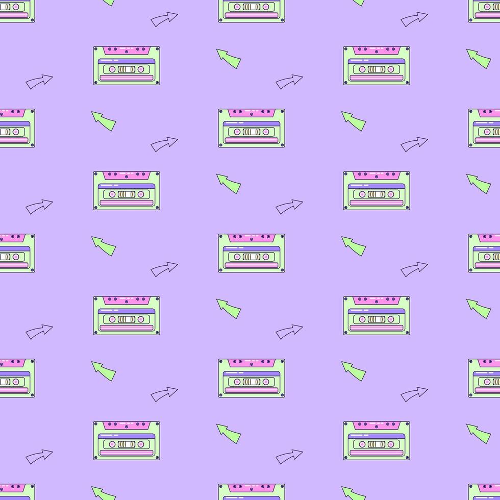 Seamless pattern with audio cassette. Multicolored elements on purple background. Retro illustration with outline in 90s style. illustration. vector