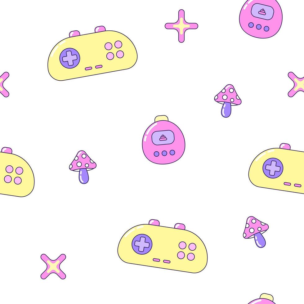 Seamless pattern with gamepads and fly agaric mushrooms. Multicolored elements on white background. Retro illustration with outline in 90s style. illustration. vector
