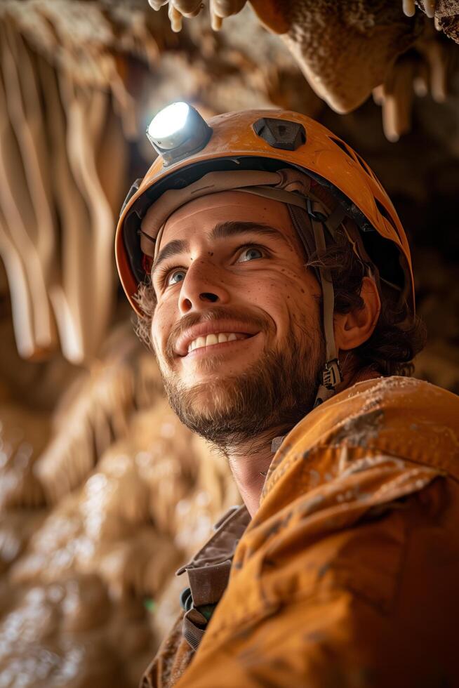 A man wearing a helmet and holding a flashlight photo