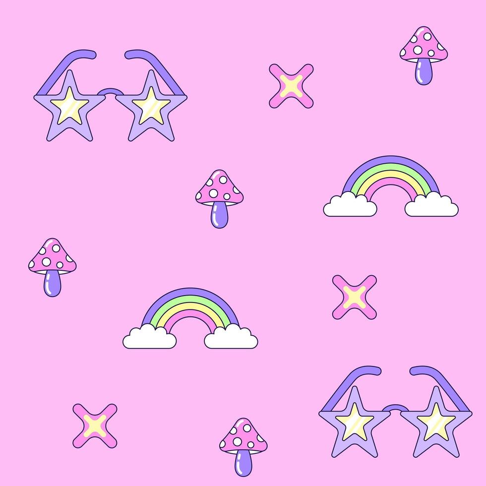 Seamless pattern with vintage star shaped sunglasses and rainbow in style of 90s. Multicolored elements on pink background. Retro illustration with outline in 90s style. illustration. vector