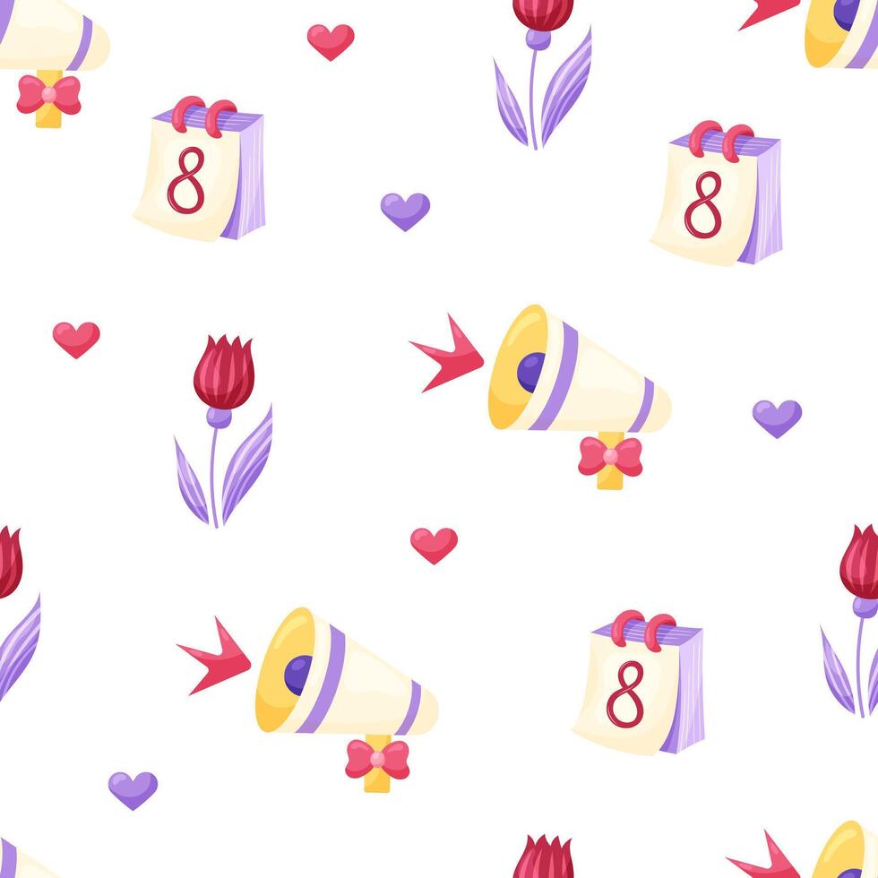 Seamless pattern with calendar and megaphone on white background. March 8 Women's Day. illustration. vector