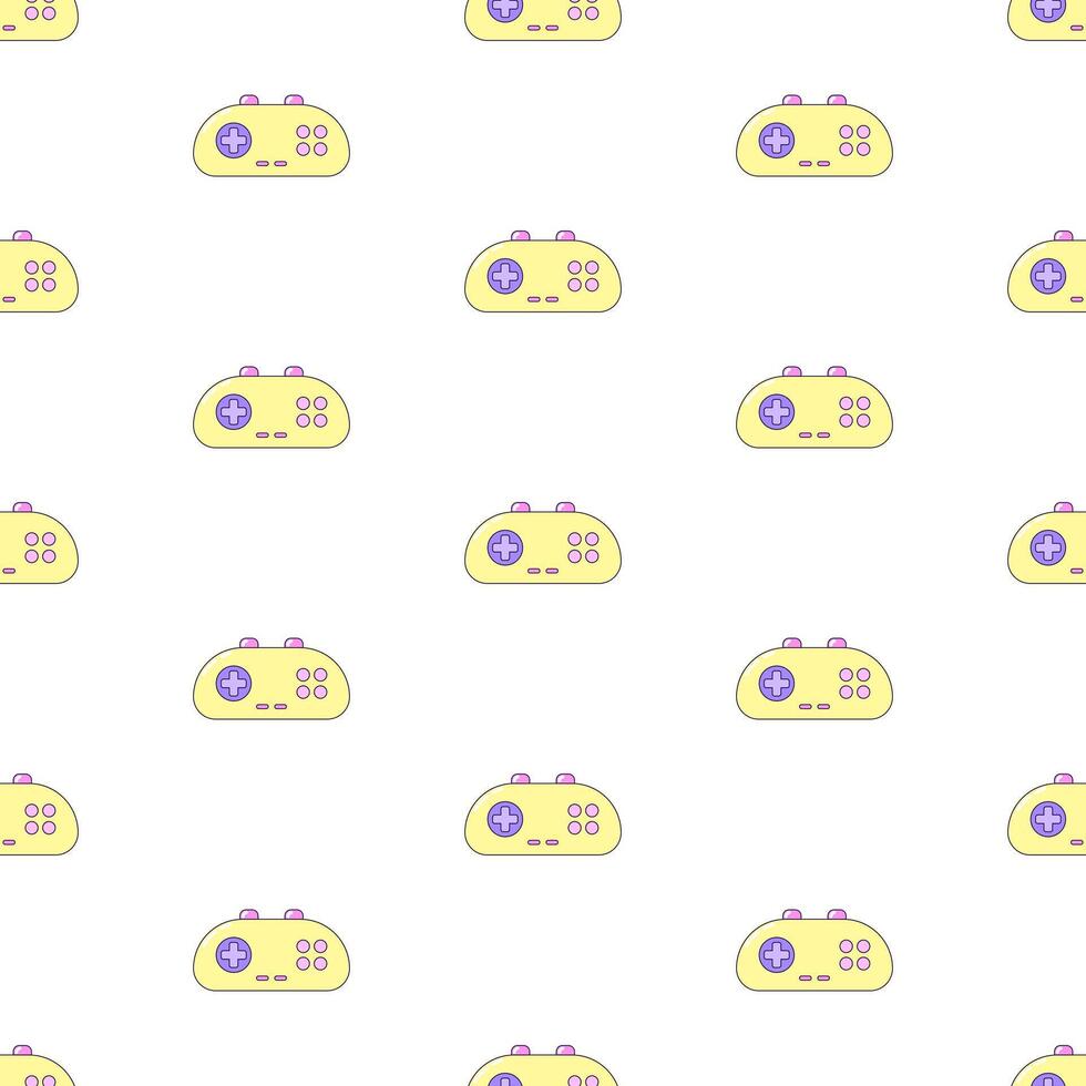 Seamless pattern with audio cassette and gamepad. Multicolored elements on white background. Retro illustration with outline in 90s style. illustration. vector