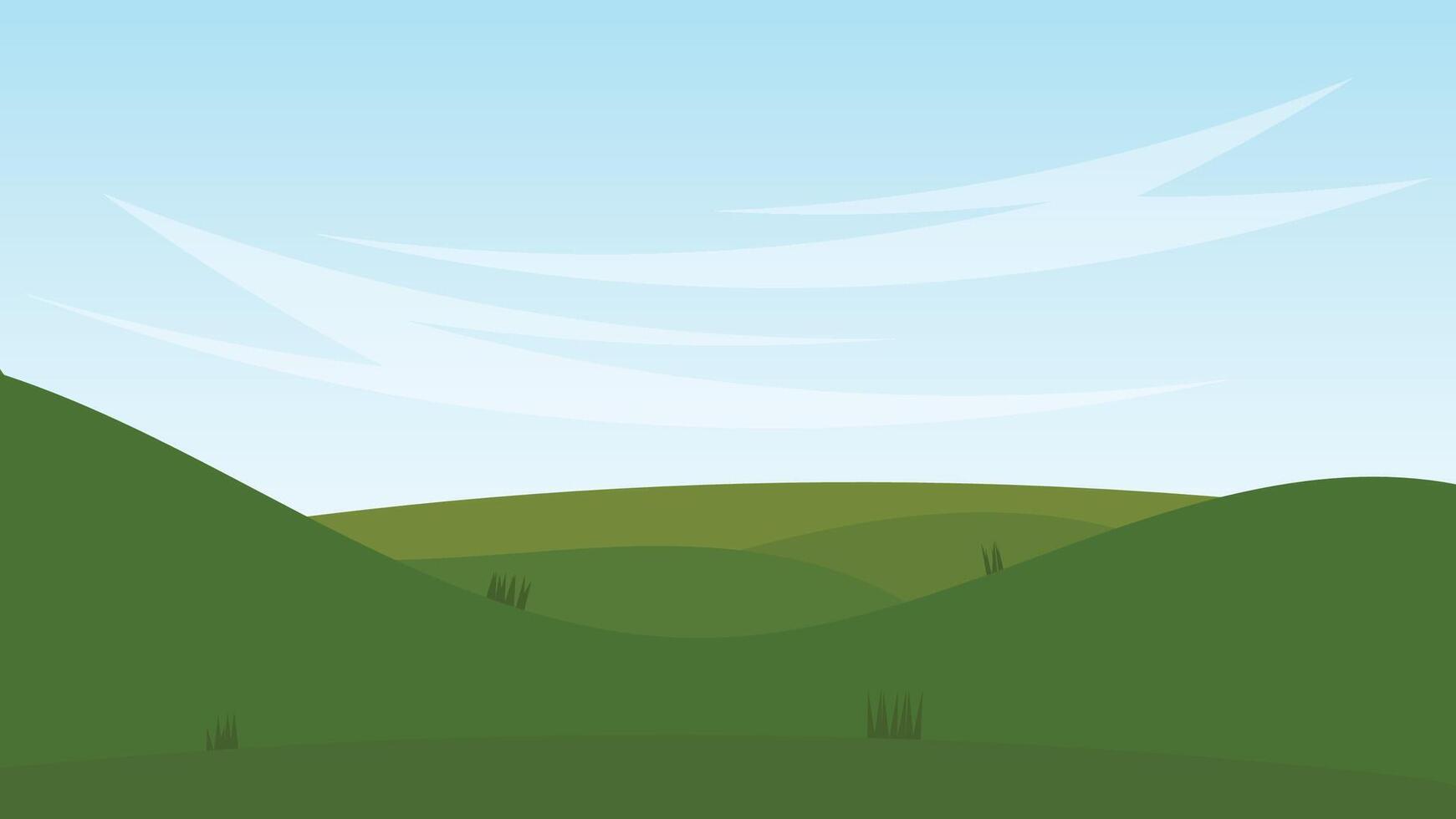 green field with grass on hill and blue sky background. nature landscape cartoon scene vector