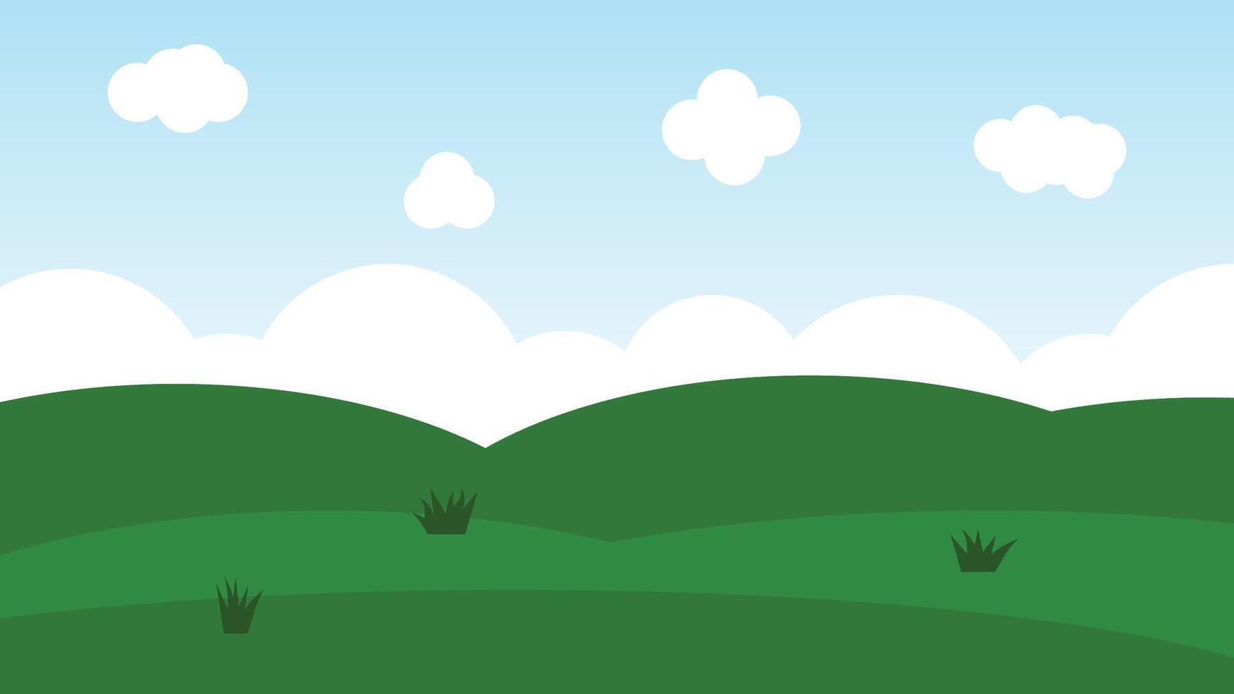 green field with white fluffy cloud on blue sky background. landscape cartoon scene decoration vector