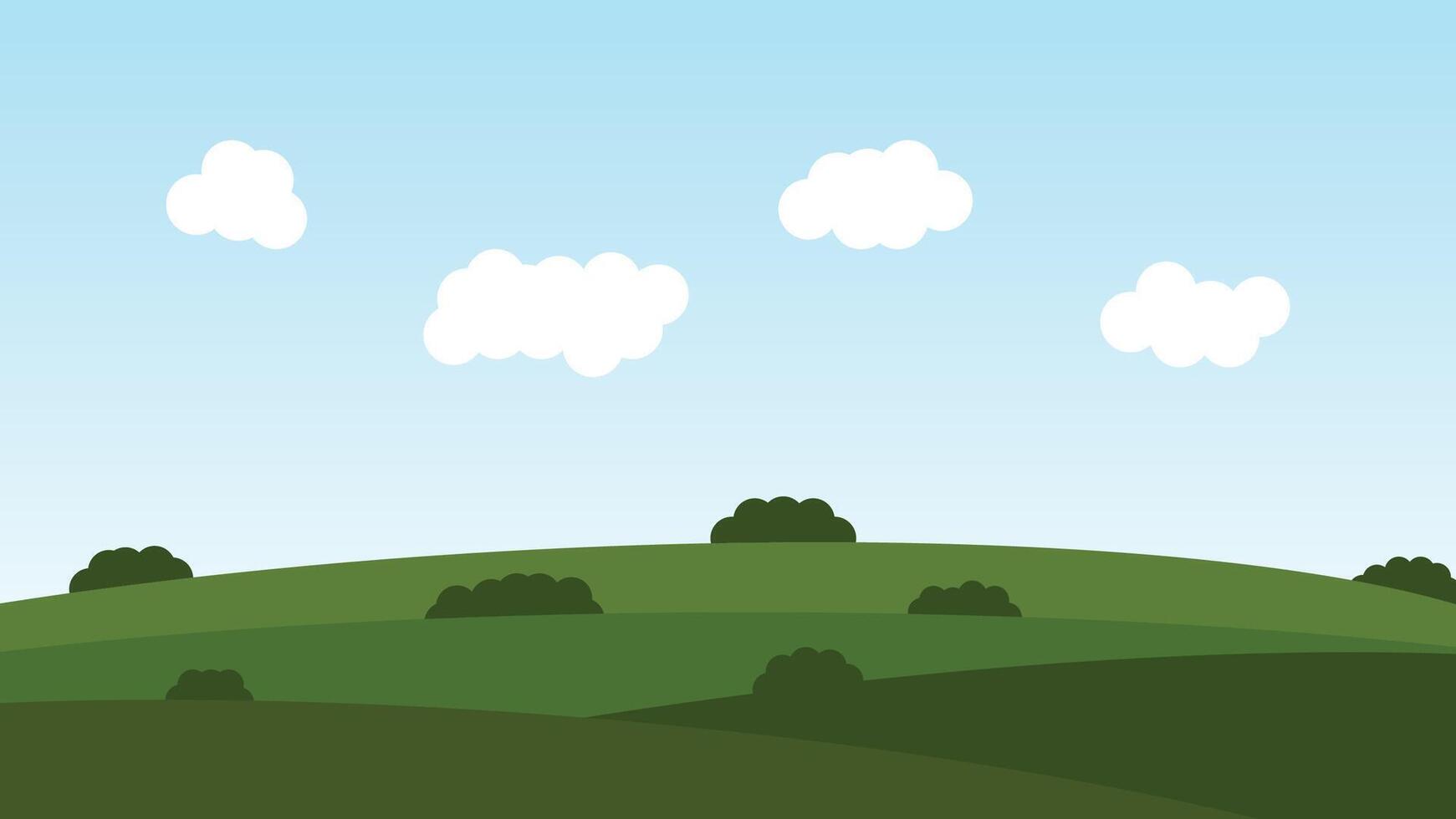 landscape cartoon scene background. green field with blue sky and white cloud vector