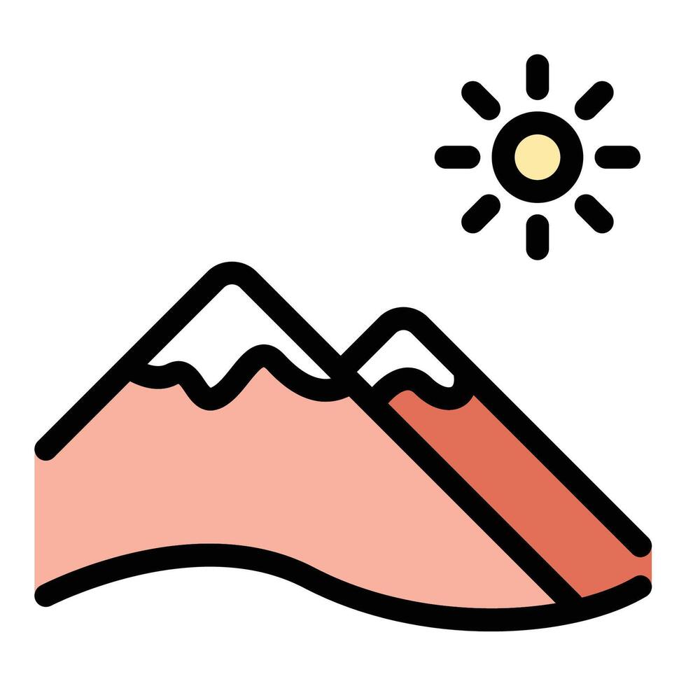 Mountain Icon Peaks with Snow Caps and Clouds in Flat Line Color Style. vector