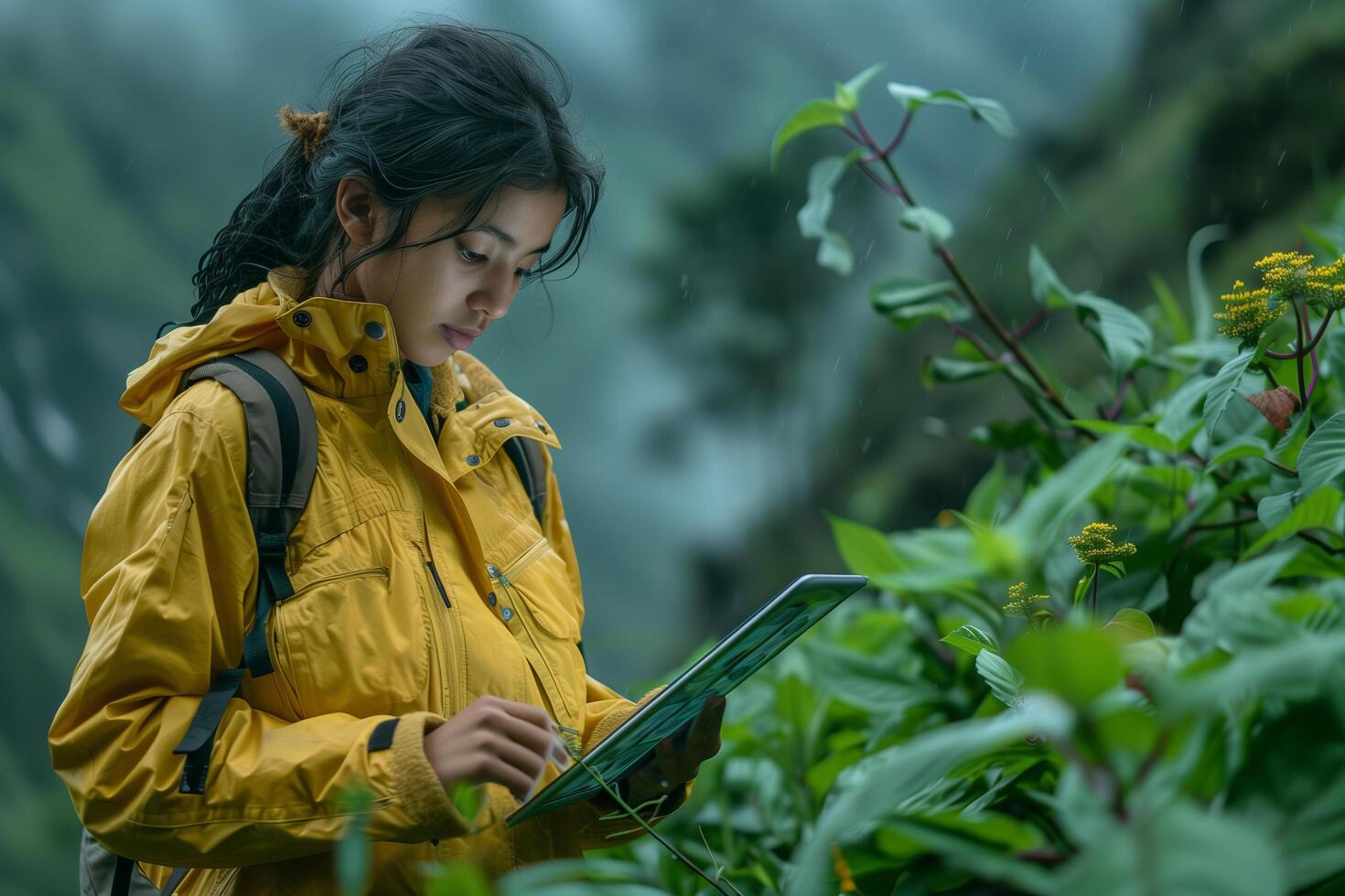 A woman in a yellow jacket is using a tablet photo
