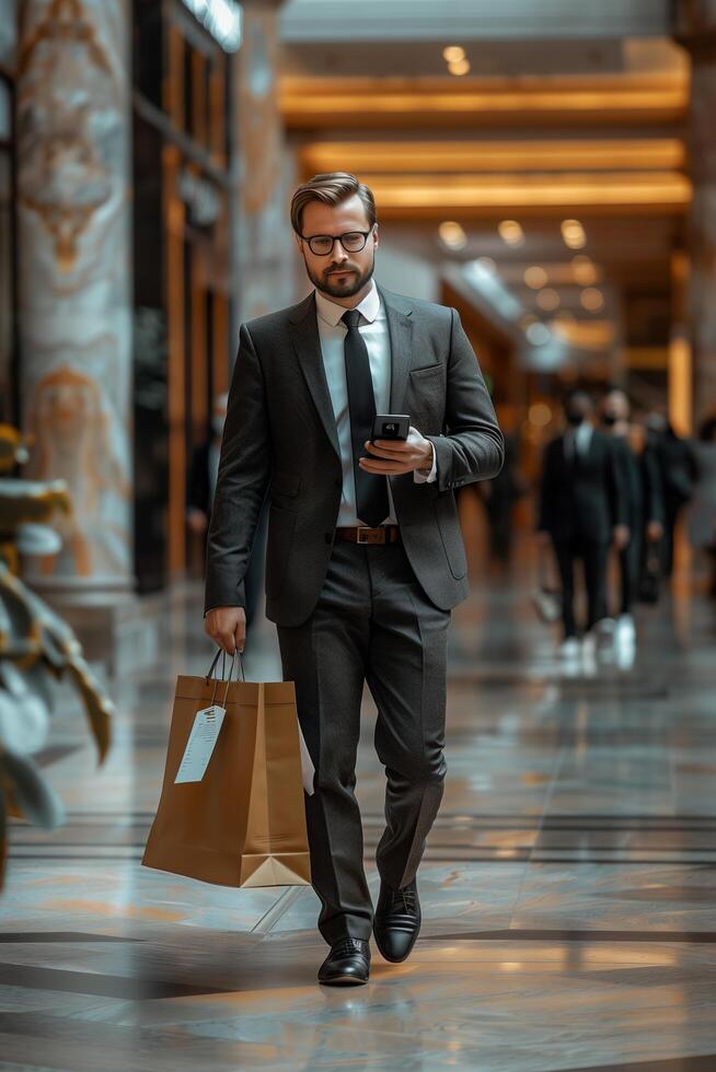 A man in a suit and tie walking down a hallway with a phone in his hand photo