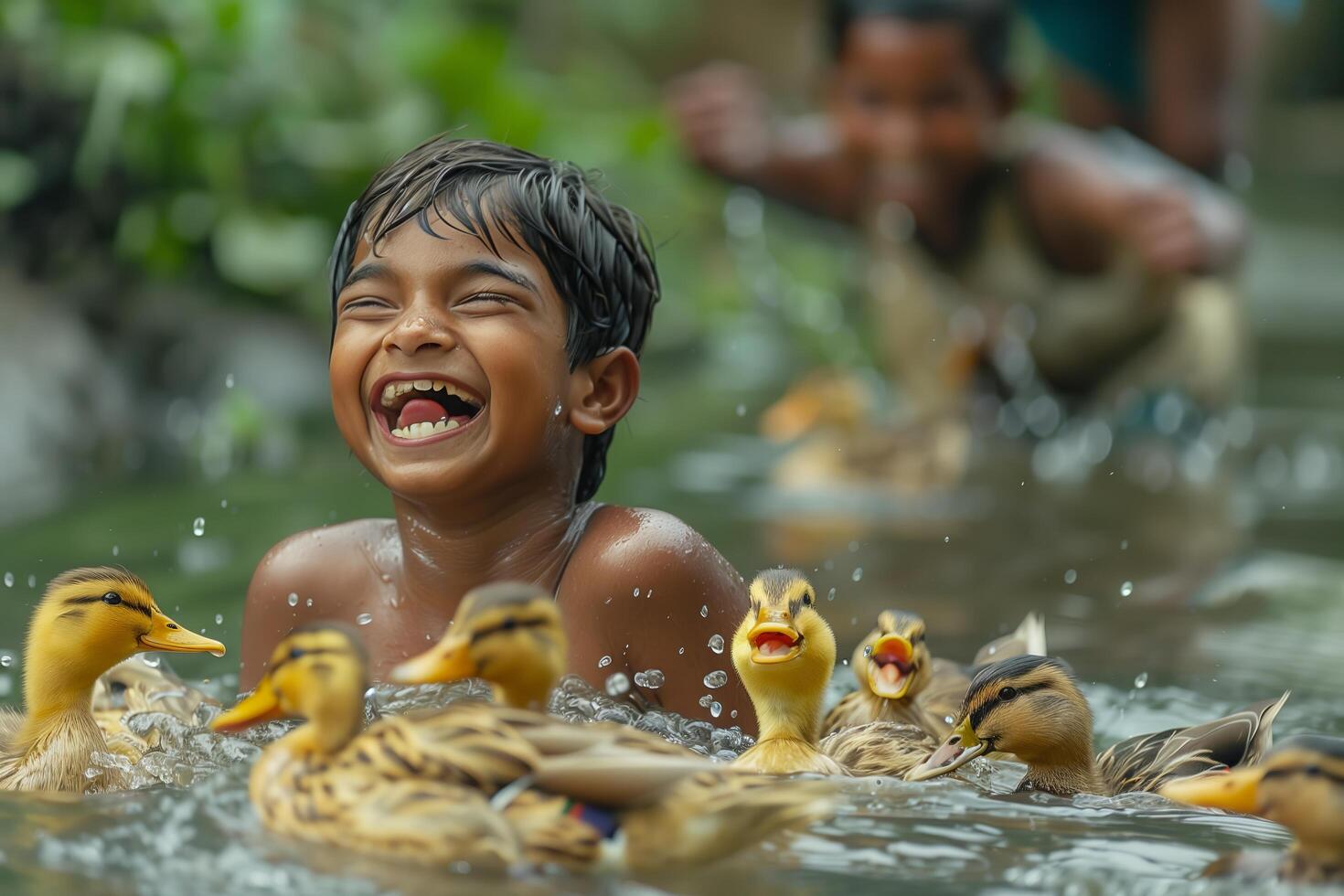 A boy smiles while swimming with ducks in the water photo