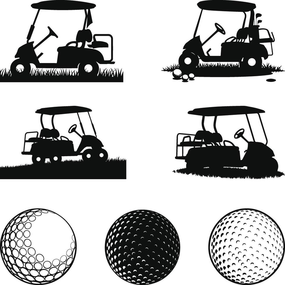 Golf Cart and Ball Silhouettes Illustration, Golf Ball Vectors