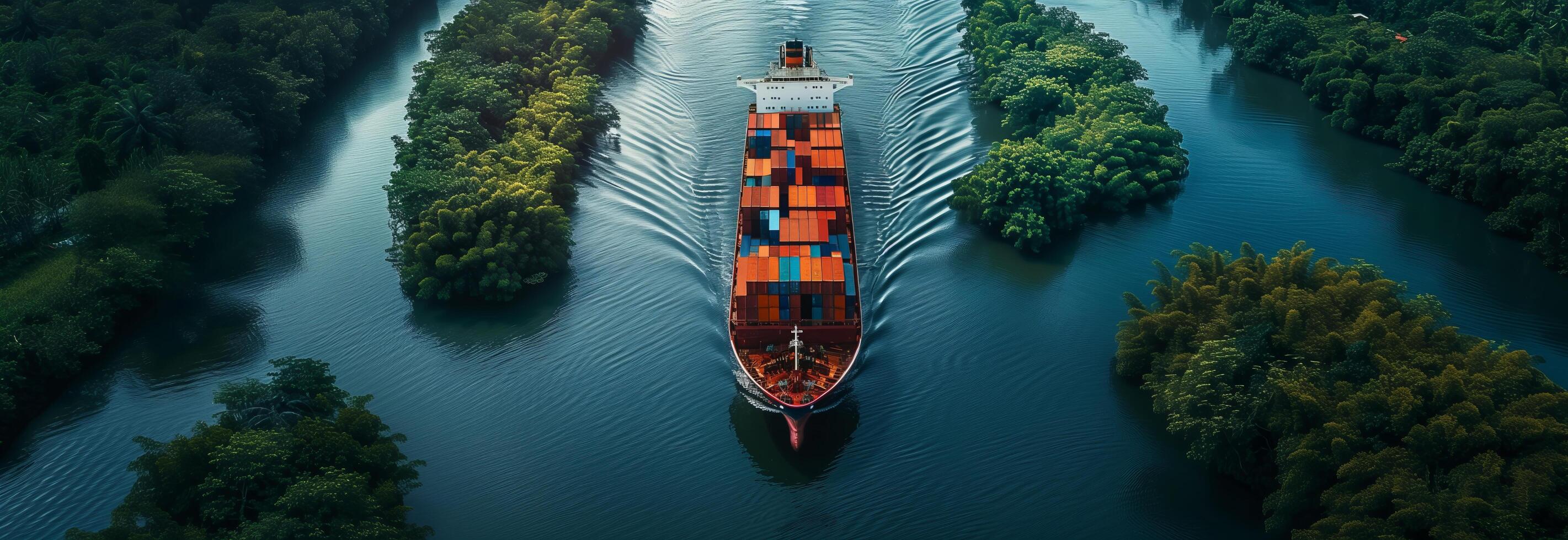 An aerial view of a container ship traveling down a river photo