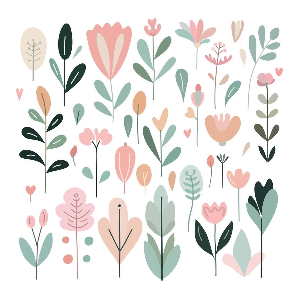 Cute set of flowers, blue and pink,leaves, abstract, colored. vector