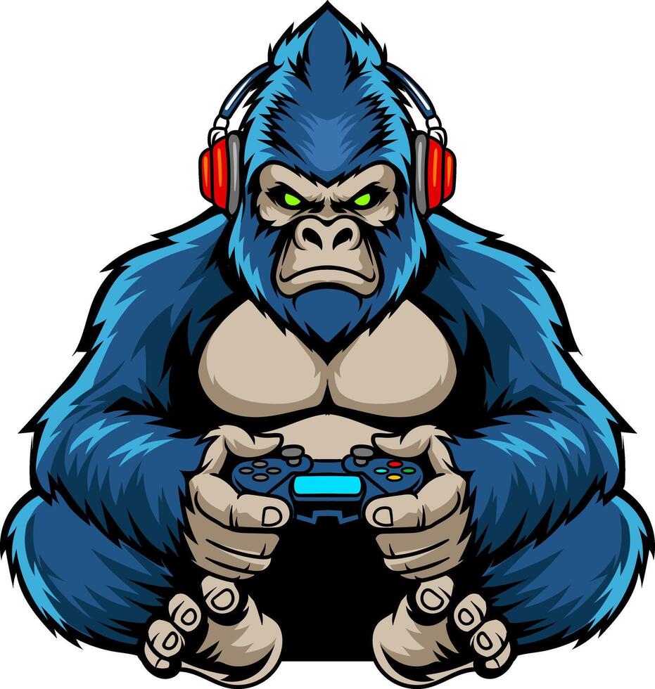 Blue Gorilla playing game with joystick and headphone isolated cartoon illustration vector
