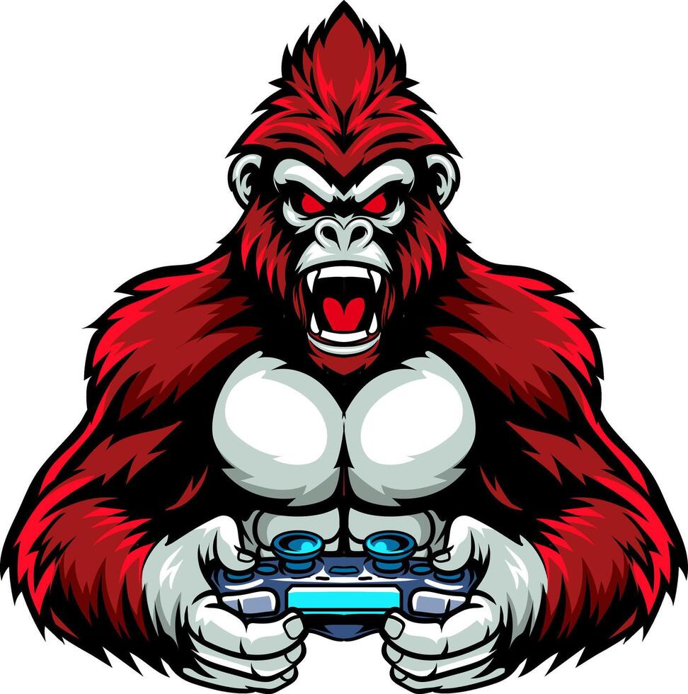 Red Angry Gorilla playing game with joystick and headphone isolated cartoon character illustration vector