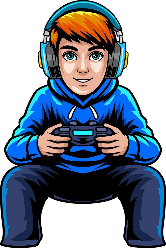 Boy playing game with joystick and headphone cartoon illustration vector
