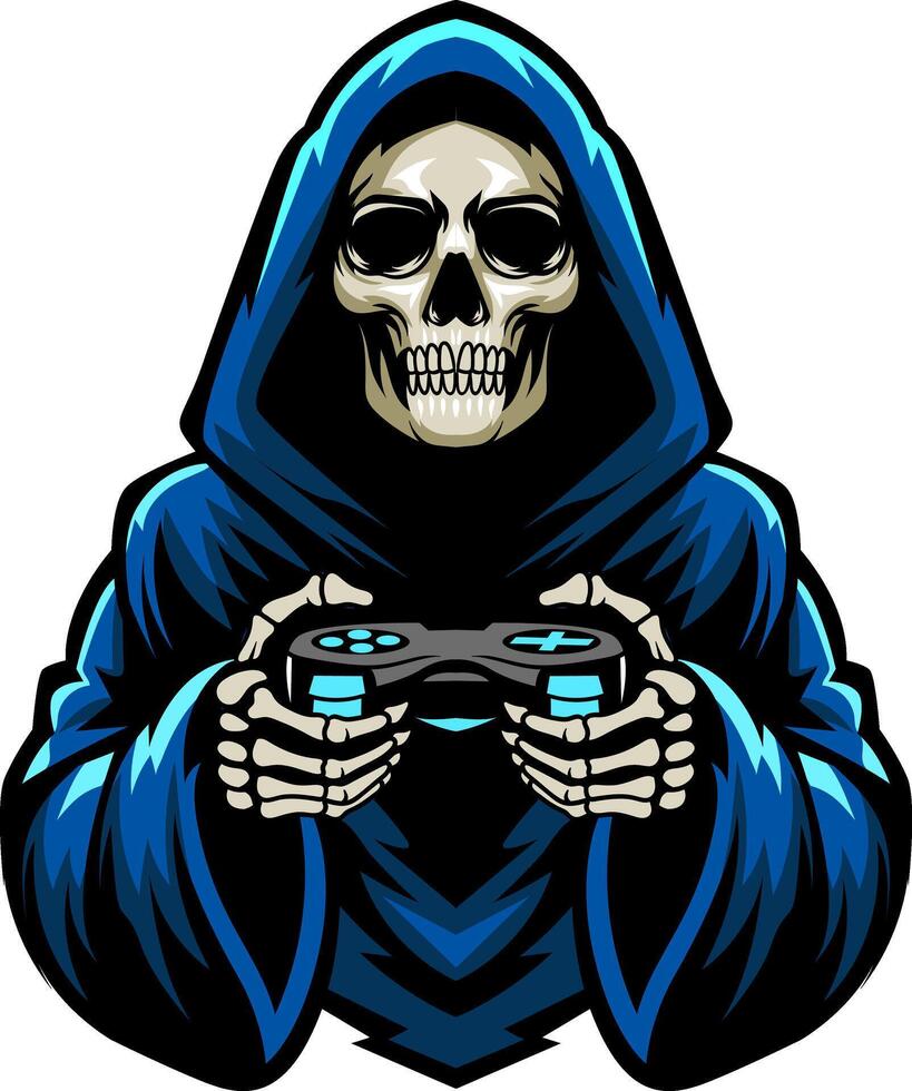 Grim Reaper Skull playing game with joystick and headphone illustration vector